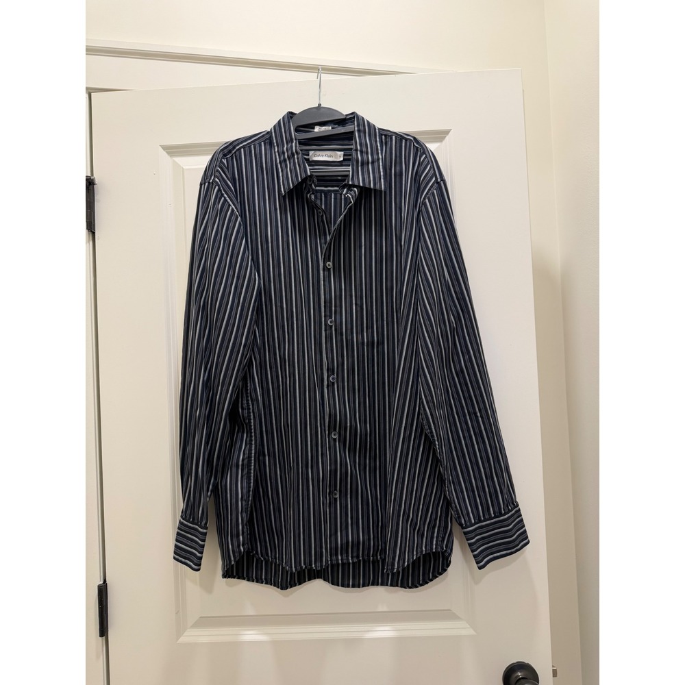 Calvin Klein Mens XL Long Sleeve Button Down Shirt Navy Grey Striped Cotton